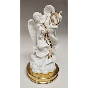 Vintage Hand Painted Porcelain Angel With Wood Base Tabletop/Mantel Centerpiece